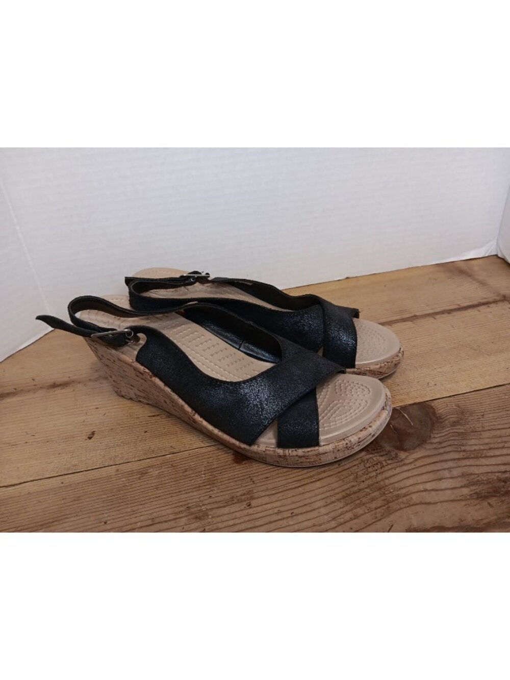 Crocs A-Leigh Sandals Womens 9 Black Shimmer Suede Leather Slingback 3.25" Wedge